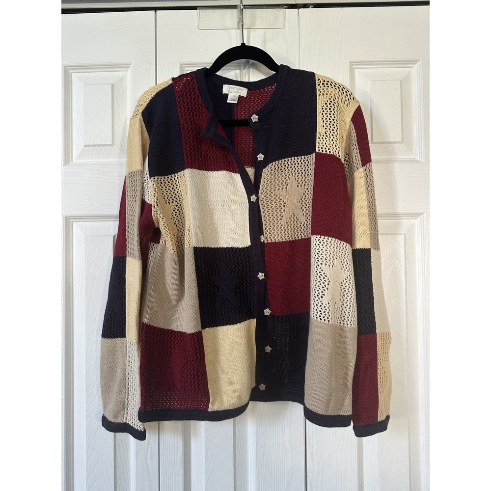 VTG Christopher & Banks Star Button Patriotic Colorblock Chunky Knit Cardigan XL